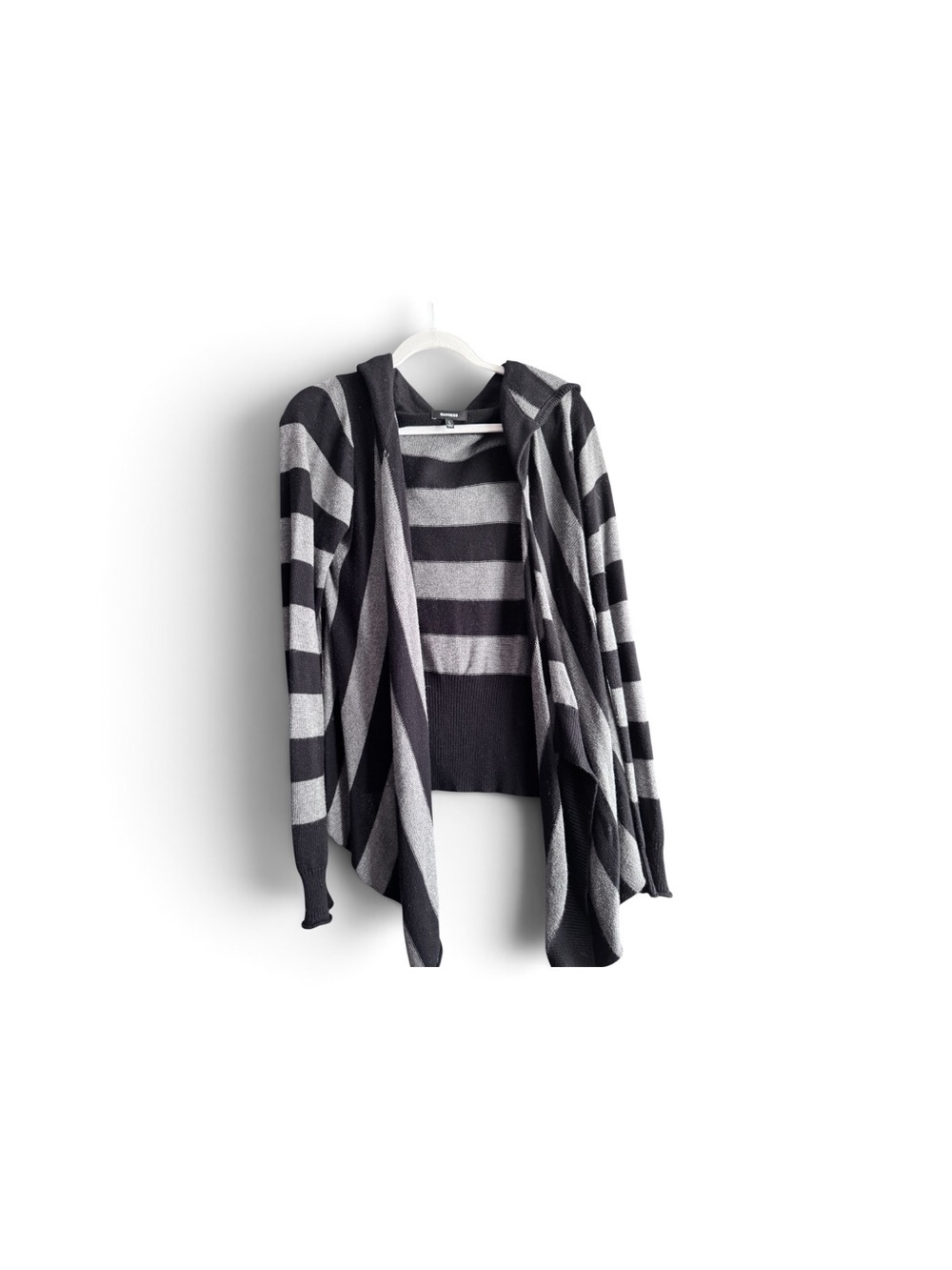 Express Striped Open-Front Hooded Cardigan - Black & Gray - Picture 1 of 1